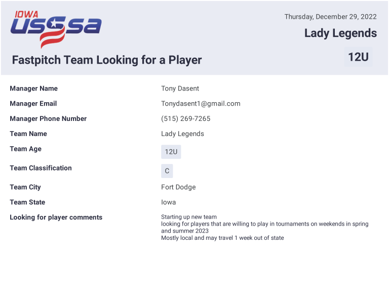 Team Looking for a Player Iowa Fastpitch USSSA