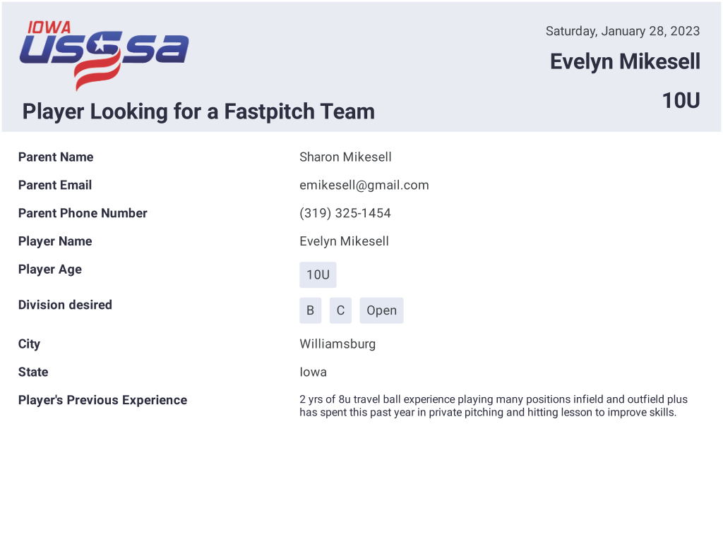 Player Looking for a Team Iowa Fastpitch USSSA