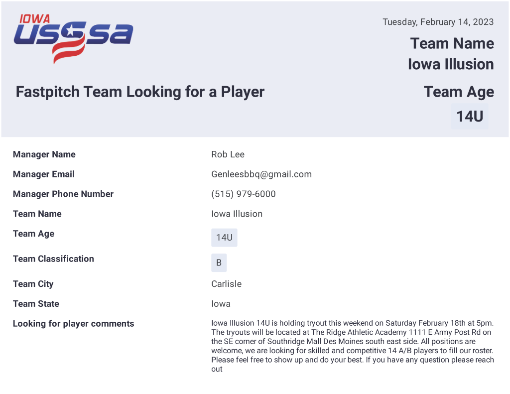 Team Looking for a Player Iowa Fastpitch USSSA