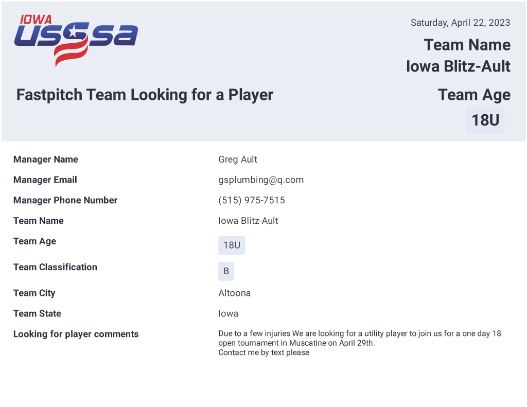 Team Looking for a Player Iowa Fastpitch USSSA