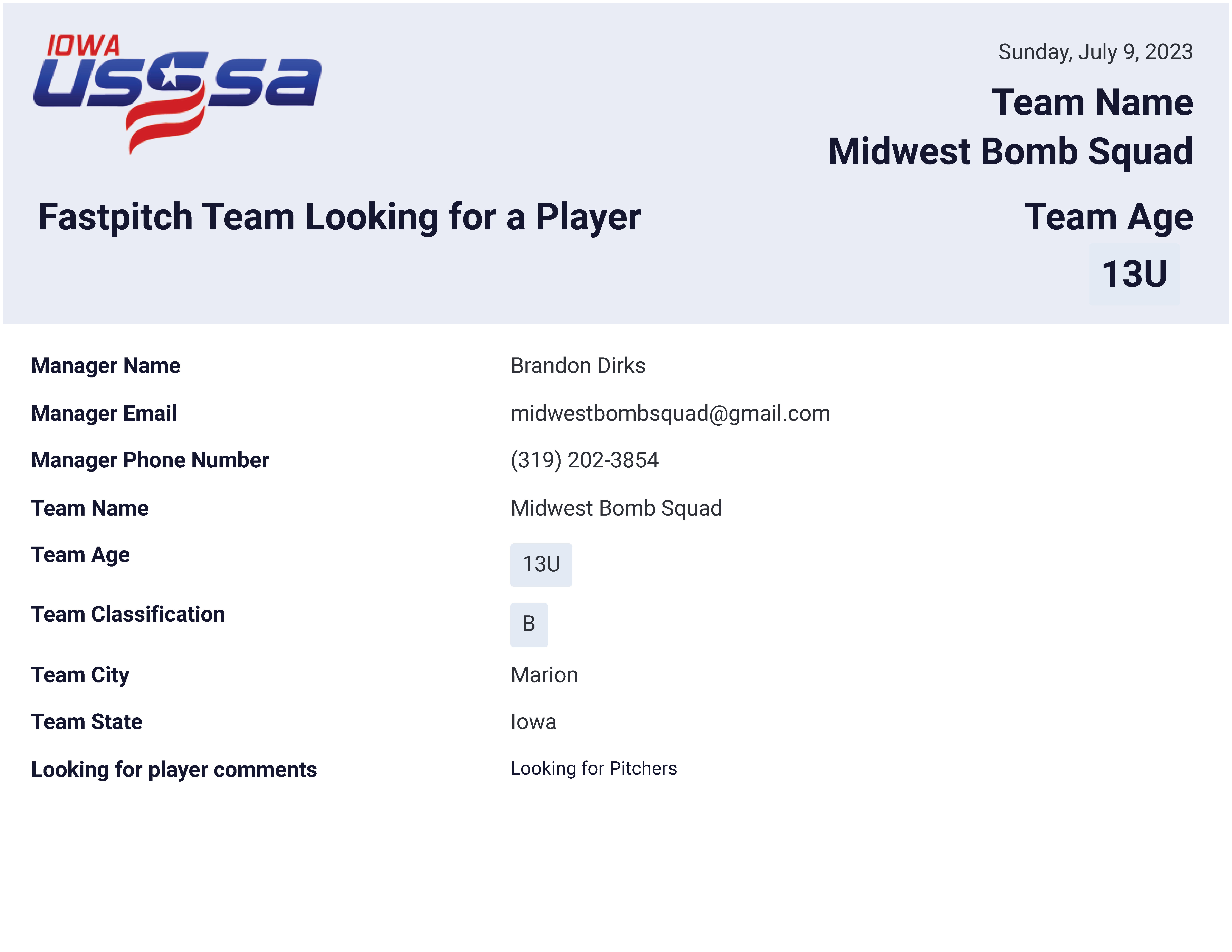 Team Looking for a Player Iowa Fastpitch USSSA