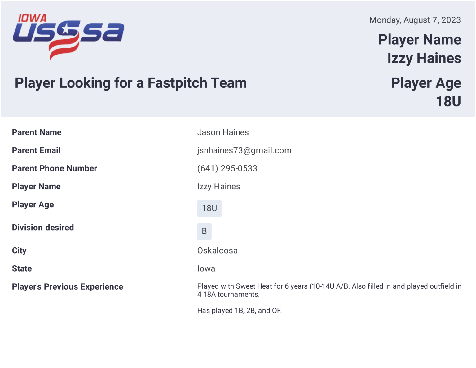 Player Looking for a Team Iowa Fastpitch USSSA