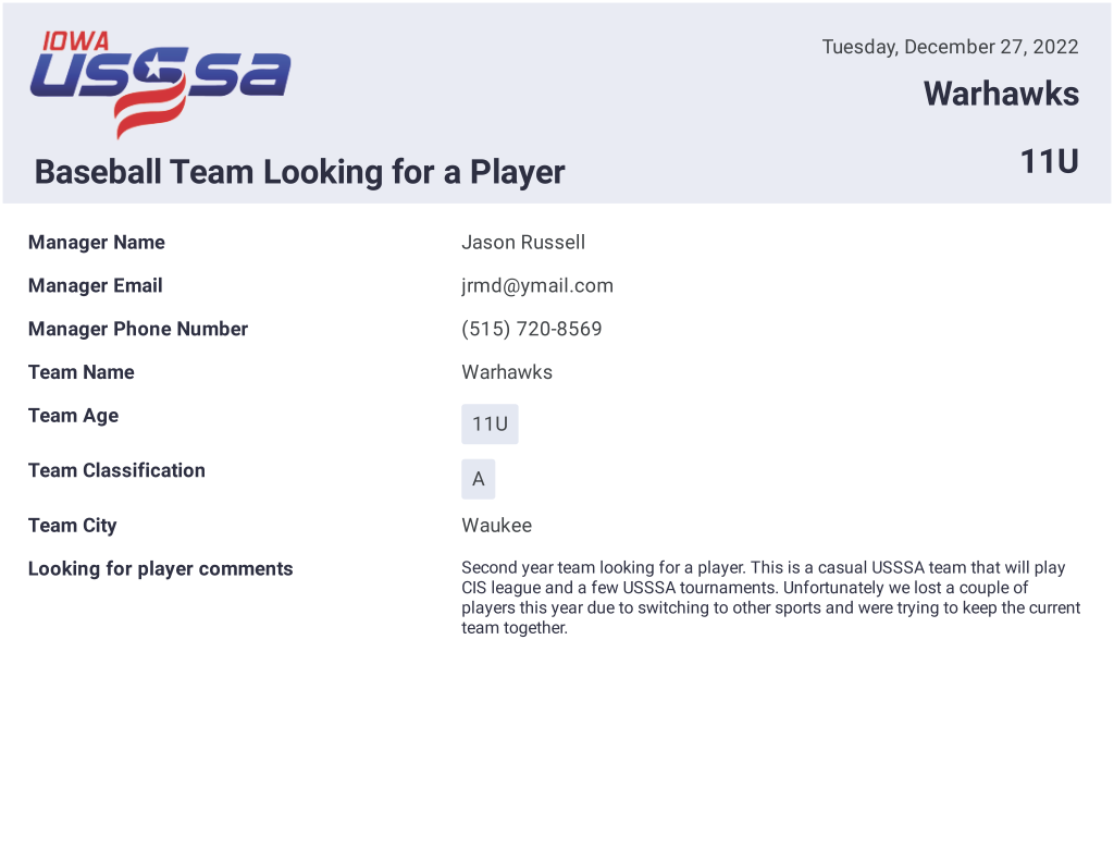 Team Looking for a Player Iowa Baseball USSSA