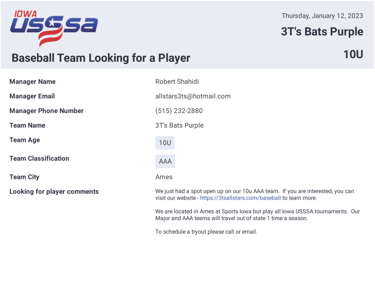 Team Looking for a Player Iowa Baseball USSSA