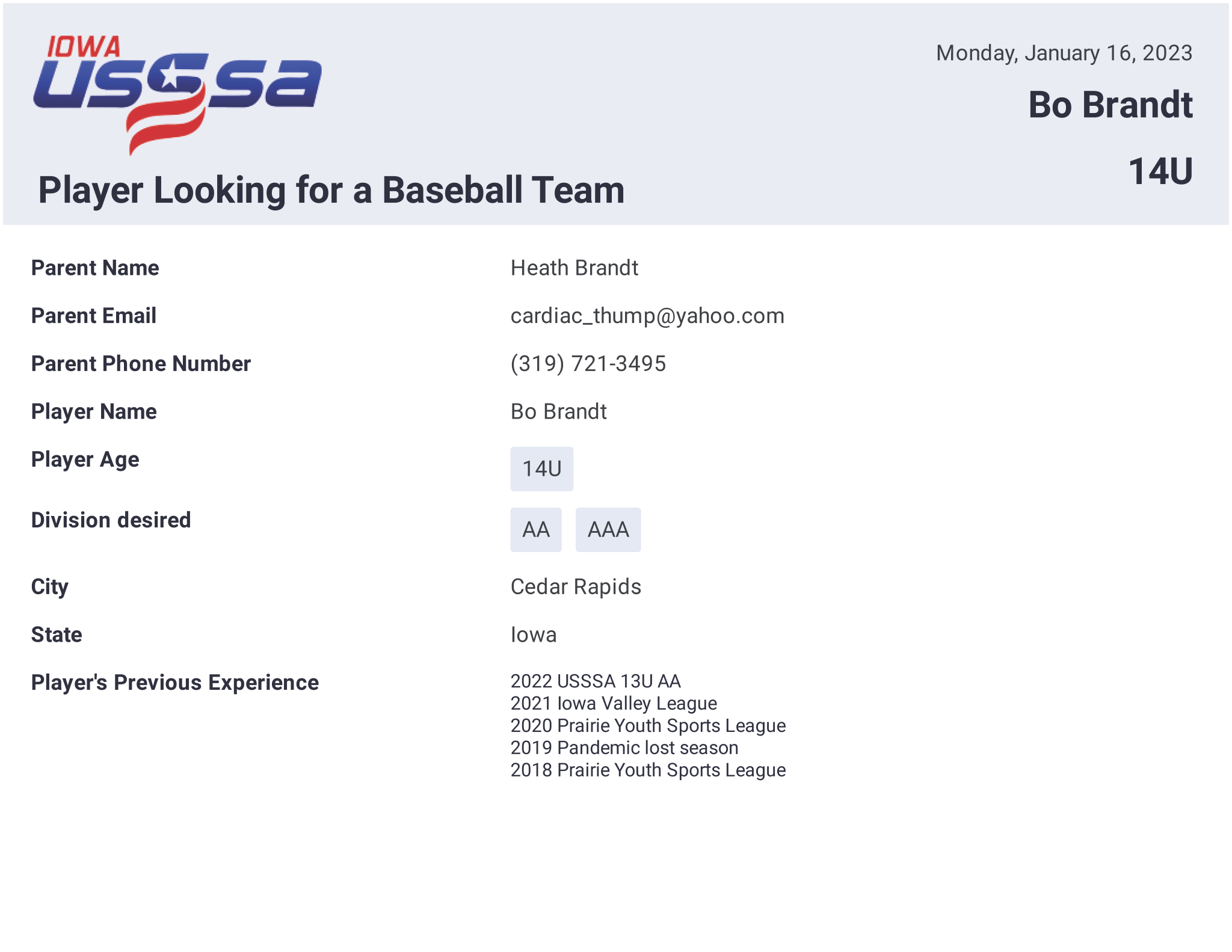 Player Looking for a Team Iowa Baseball USSSA