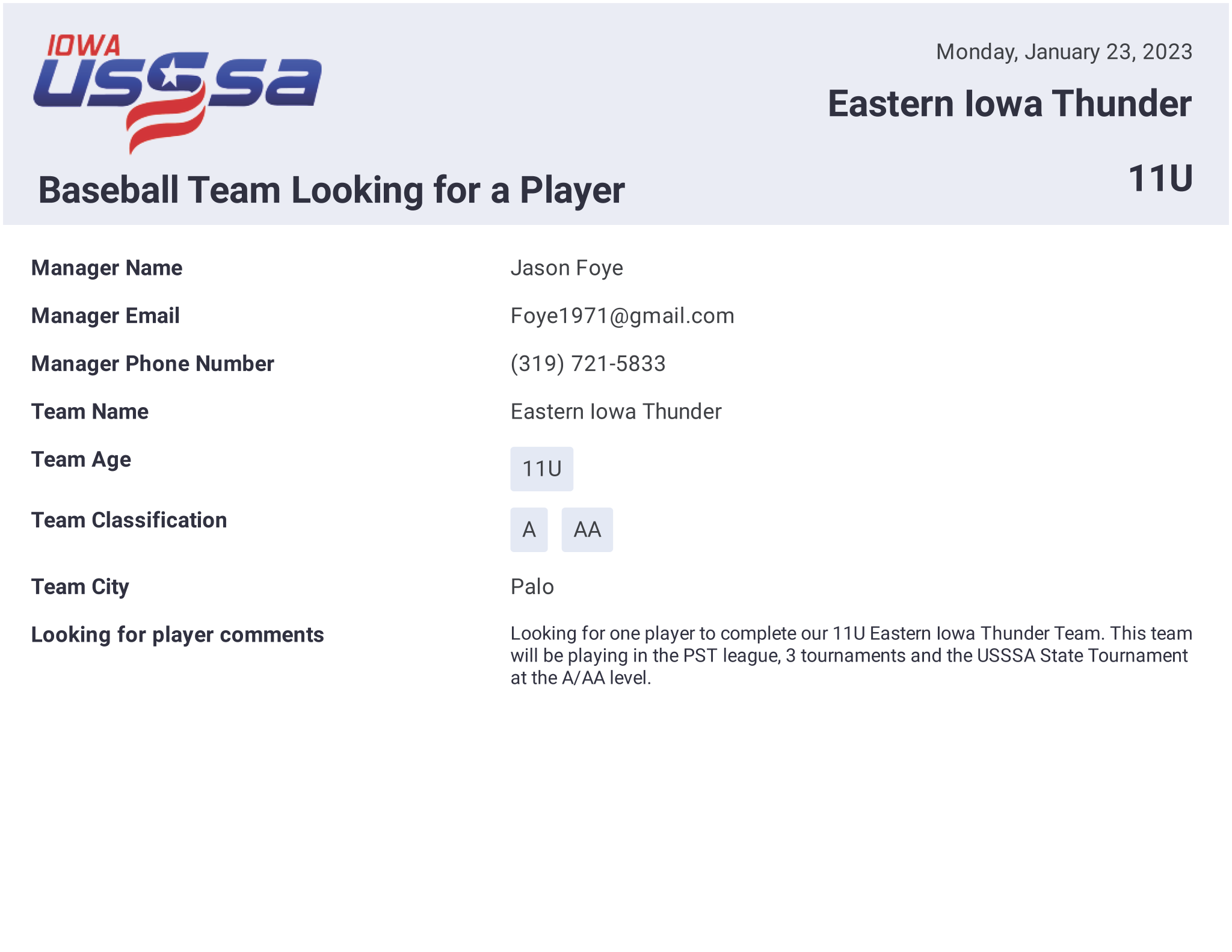 Team Looking for a Player Iowa Baseball USSSA