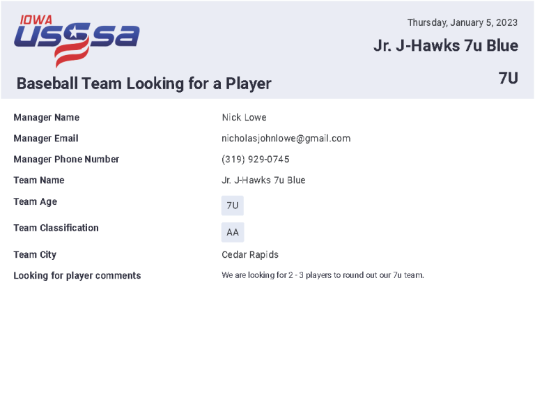 Team Looking for a Player Iowa Baseball USSSA