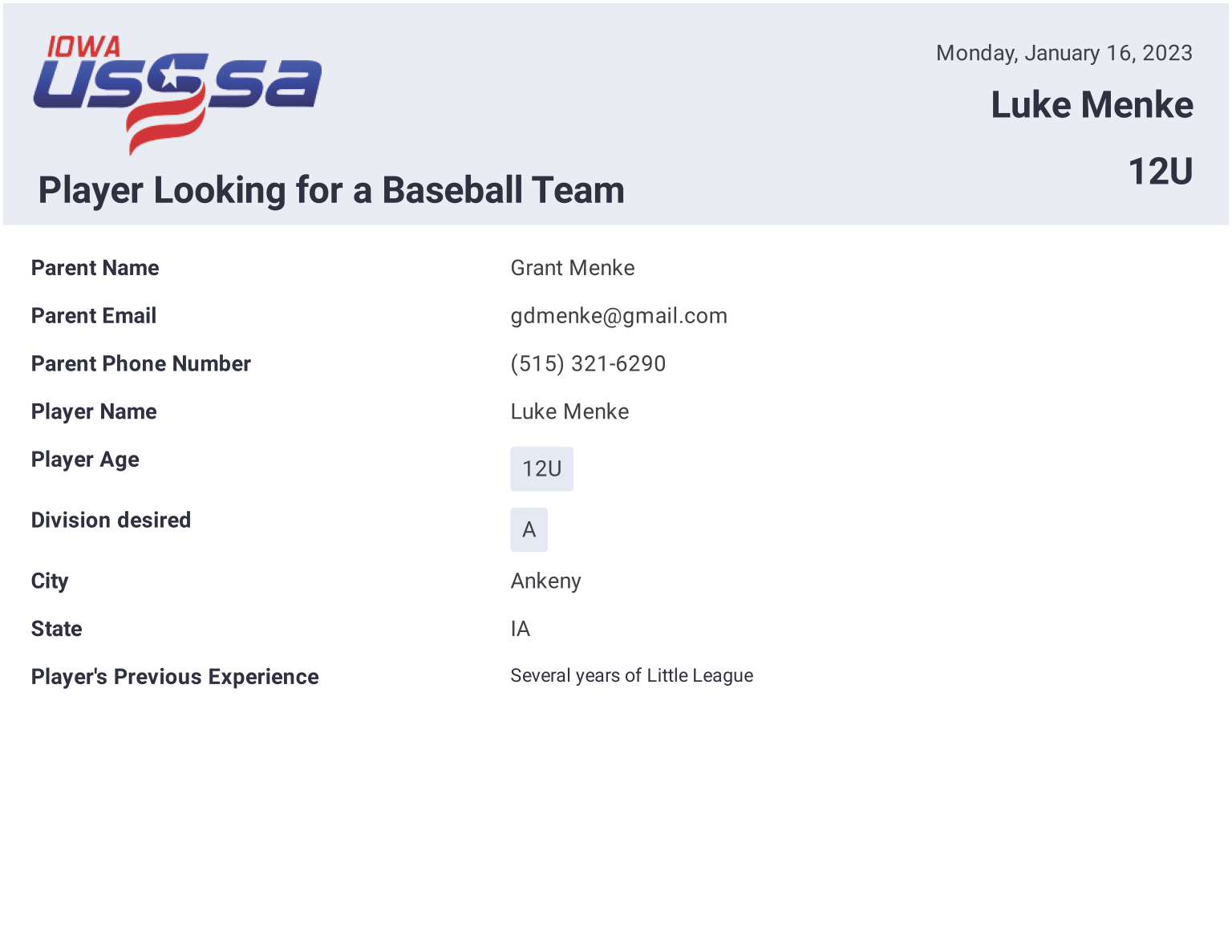 Player Looking for a Team Iowa Baseball USSSA