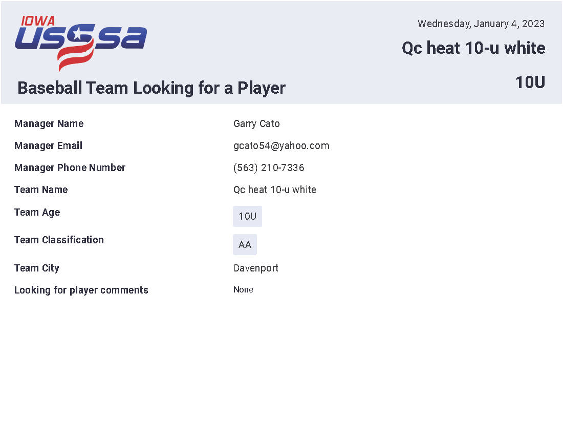 Team Looking for a Player Iowa Baseball USSSA