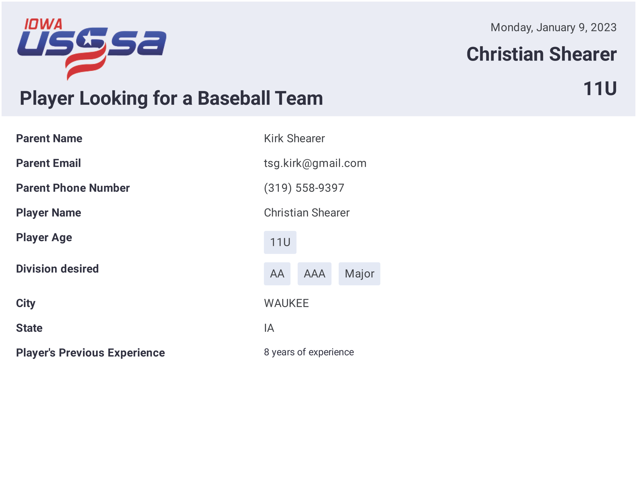 Player Looking for a Team Iowa Baseball USSSA