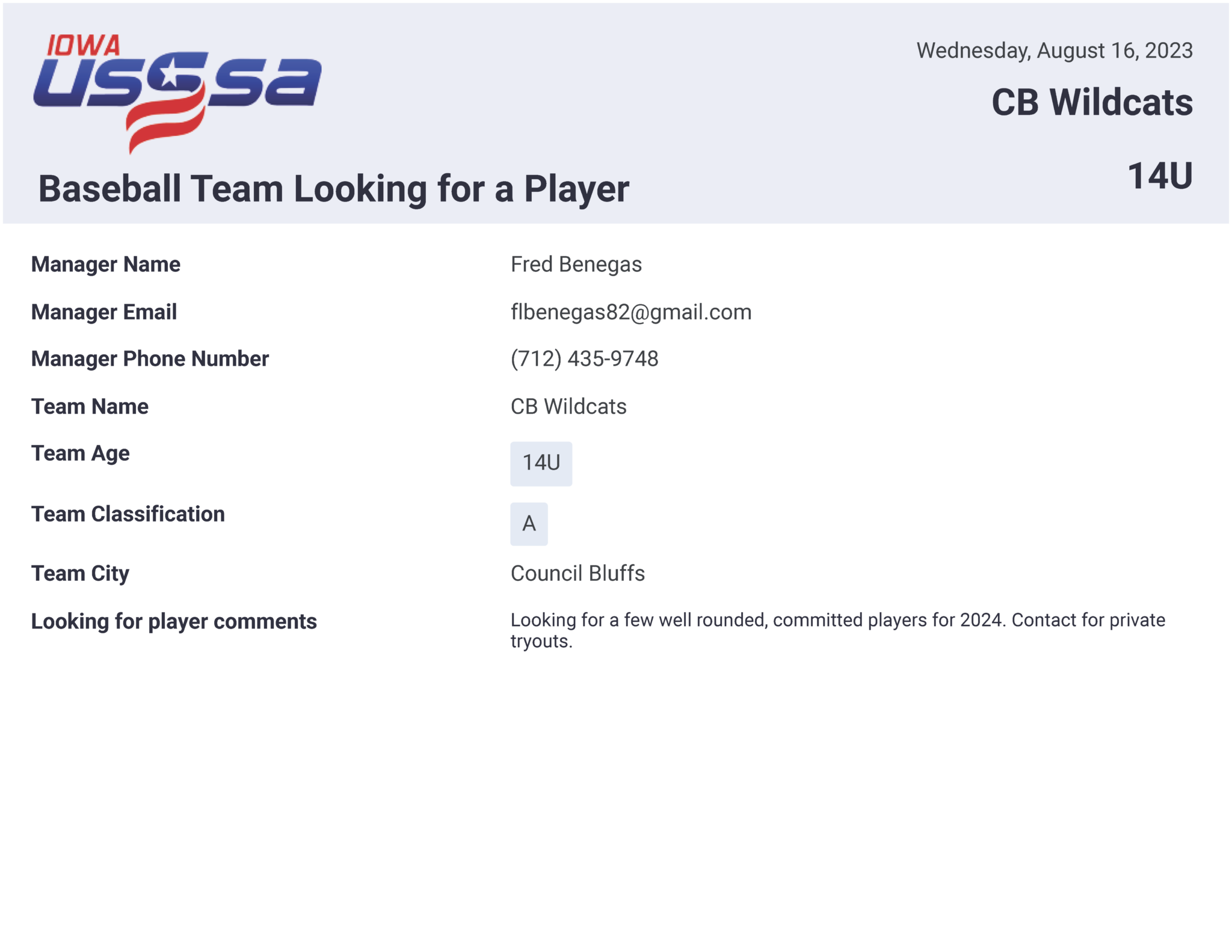 Team Looking for a Player Iowa Baseball USSSA