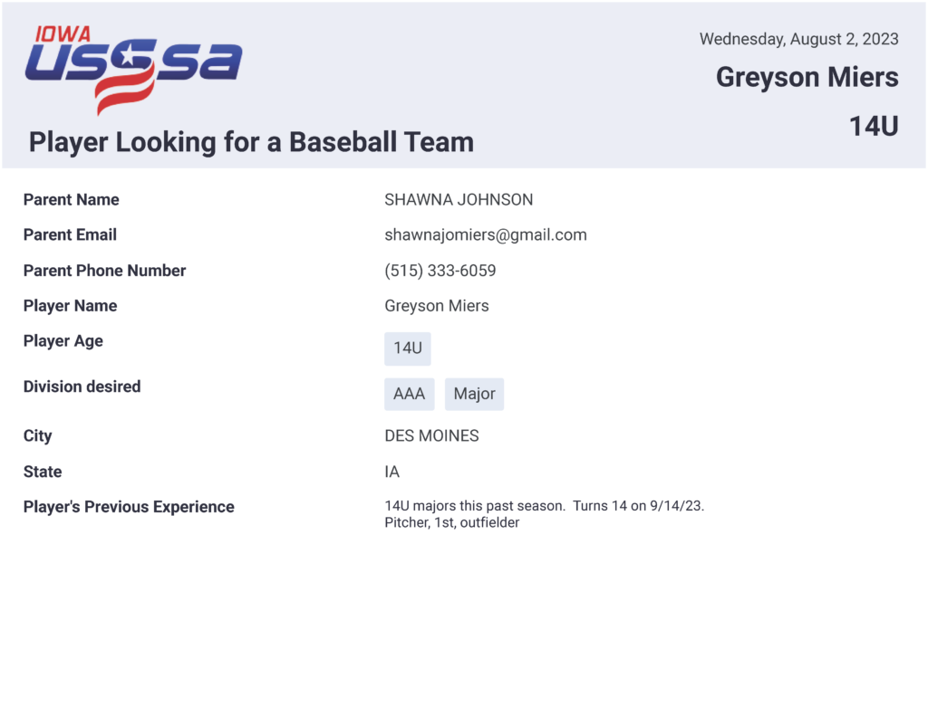 Player Looking for a Team Iowa Baseball USSSA