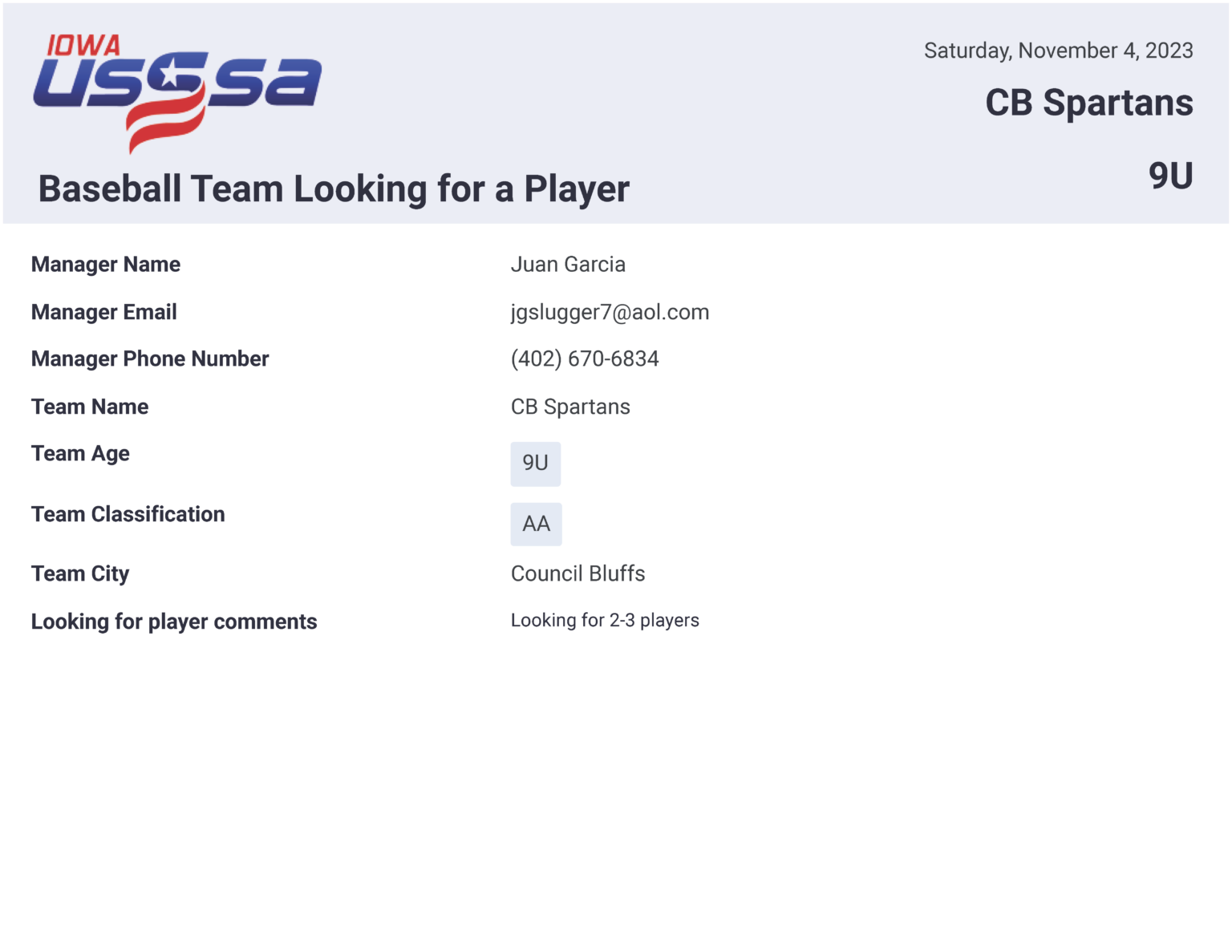 Team Looking for a Player Iowa Baseball USSSA