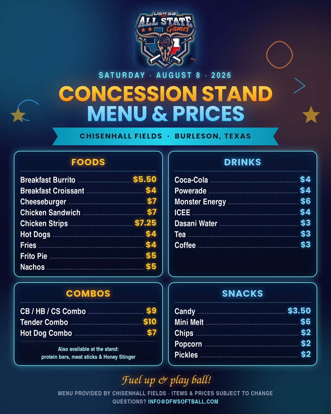 Concession stand menu and prices