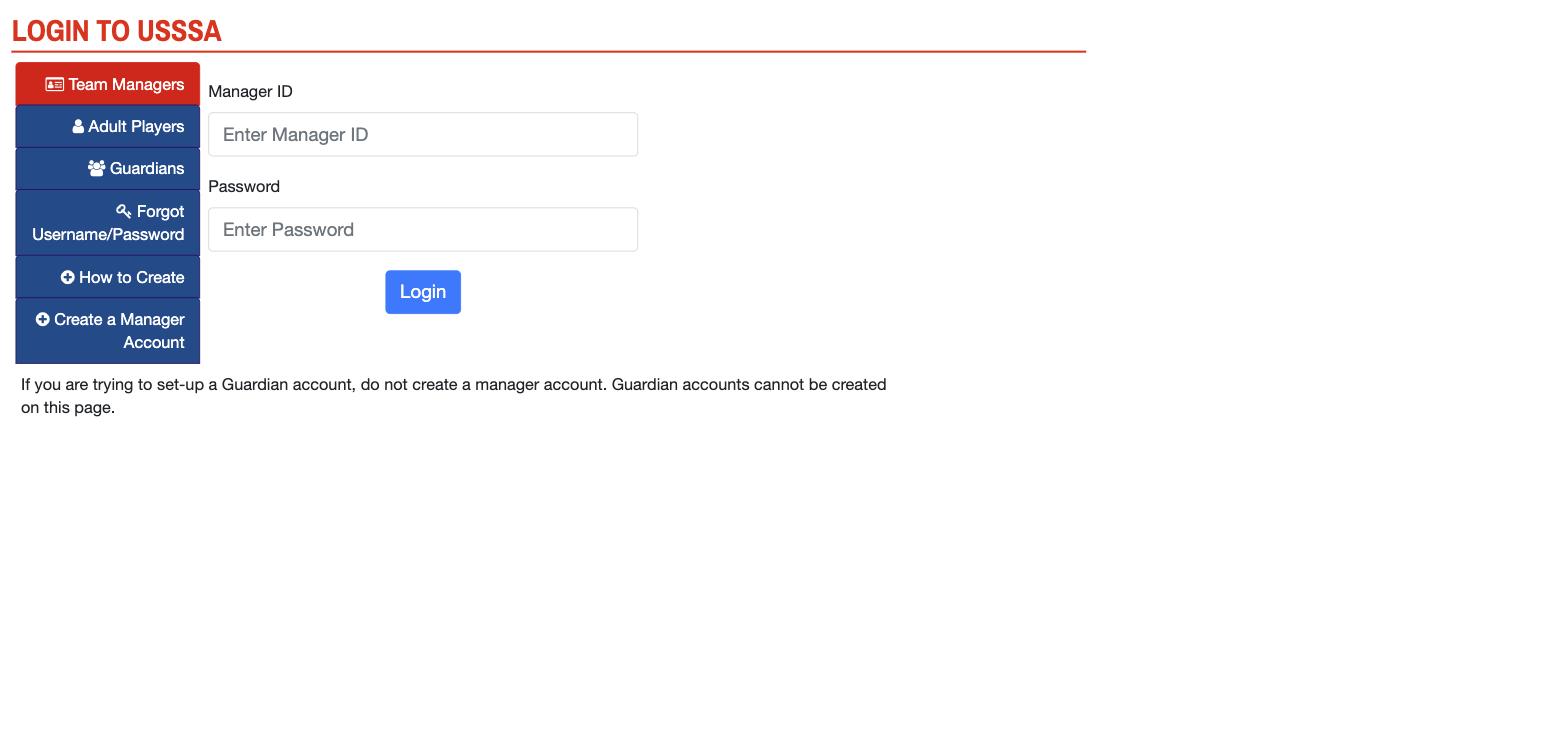 USSSA login screen, Team Managers tab